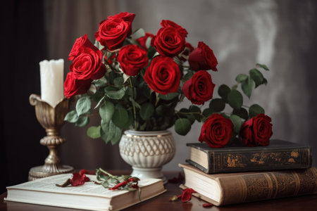 red roses in a vase on a table surrounded by books and ornaments, created with generative aiの素材
