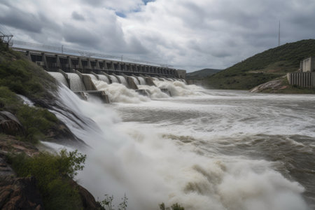 view of massive dam, with water rushing through the turbines, created with generative aiの素材