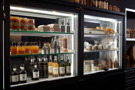 temperature-controlled cabinet with clear glass doors, showcasing the food and beverages inside, created with generative aiの素材