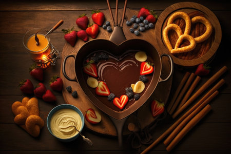 heart-shaped churros surrounded by fondue with fruits and chocolate for dipping, created with generative aiの素材