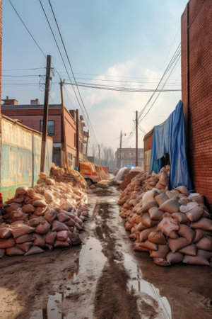 piles of bricks and sandbags at a construction area, created with generative aiの素材