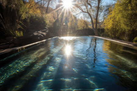 sparkling pool of water, with sunlight filtering through the surface, created with generative aiの素材