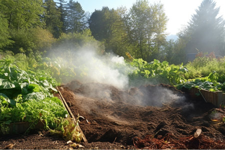 organic farming compost pile with steam rising, created with generative aiの素材
