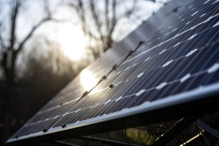 close-up of solar panel, with the sun shining down on it, created with generative aiの素材