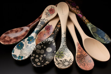 stack of mixing spoons, each one with a different design, created with generative aiの素材