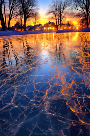 christmas lights reflection on frozen lake surface, created with generative aiの素材