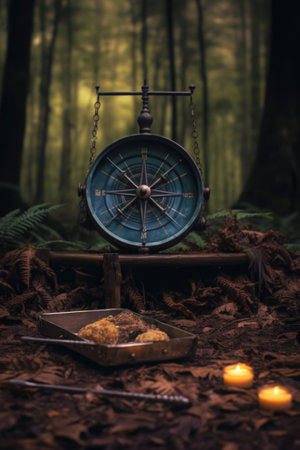 compass next to a campfire in a forest, created with generative aiの素材