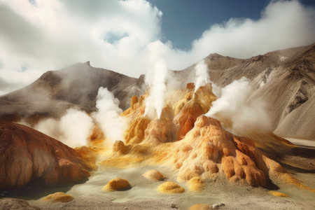volcanic landscape with steaming fumaroles, created with generative aiの素材