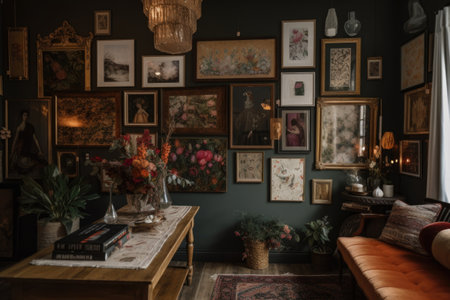 a wall with different kinds of art, such as paintings and prints, to create a beautiful and eclectic mix, created with generative aiの素材