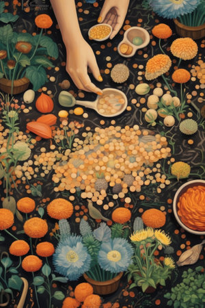 diverse hands planting seeds together in a garden, created with generative aiの素材