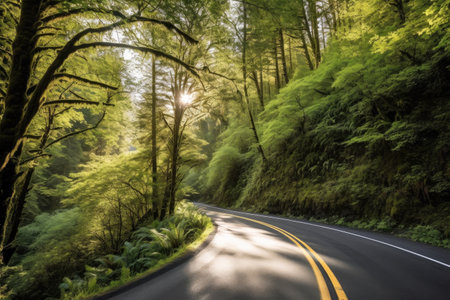 scenic highway winding through a forest, with sunlight filtering through the trees, created with generative aiの素材