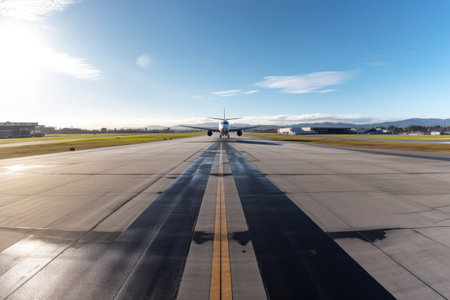 empty airport terminal, with view of the runway, and a plane taxiing towards take-off, created with generative aiの素材