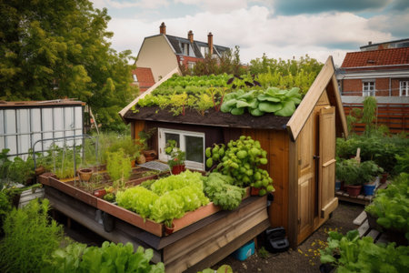 tiny house with garden, vegetables and herbs growing on the roof, created with generative aiの素材