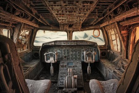 detail of airplane cockpit covered in dust, created with generative aiの素材
