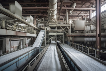 paper mill, with towering papermaking machines and conveyor belts in motion, created with generative aiの素材