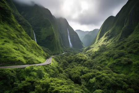 scenic highway surrounded by towering mountains, with waterfalls and greenery, created with generative aiの素材
