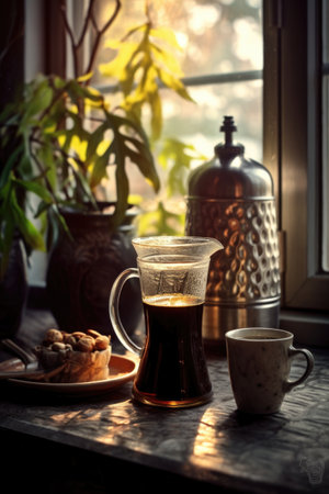 freshly brewed black coffee with morning sunlight, created with generative aiの素材