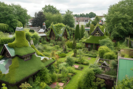 group of green rooftops with different designs, shapes and sizes, created with generative aiの素材