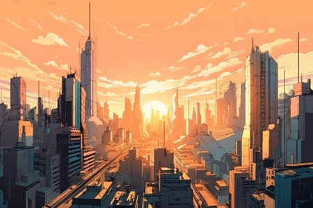 cityscape with towering skyscrapers, bustling metropolis and futuristic skyline, created with generative aiの素材