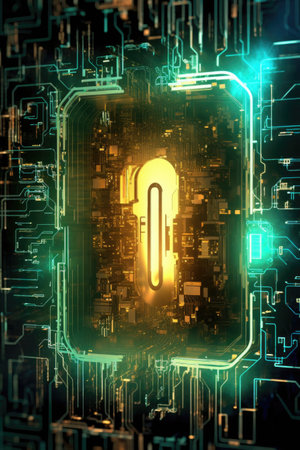 abstract circuit board with glowing keyhole, created with generative aiの素材