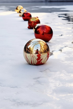 red and gold baubles on a white snowy surface, created with generative aiの素材