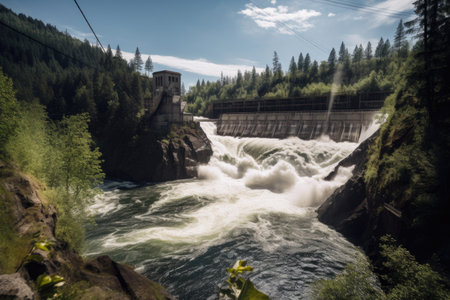view of hydroelectric power plant, with the rushing water visible below, created with generative aiの素材