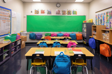 school supplies in classroom, with students ready to learn, created with generative aiの素材