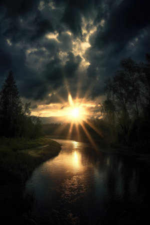 sun rays peeking through dark, moody clouds, created with generative aiの素材