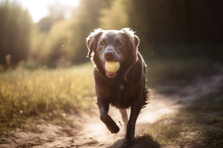 portrait of happy dog playing fetch on beautiful sunny day, created with generative aiの素材