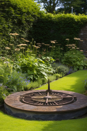 sundial in a well-maintained garden, created with generative aiの素材