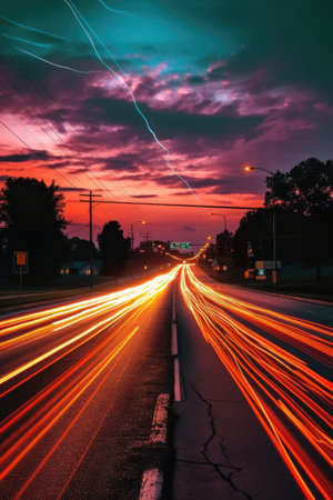 light trails on a busy highway at night, created with generative aiの素材