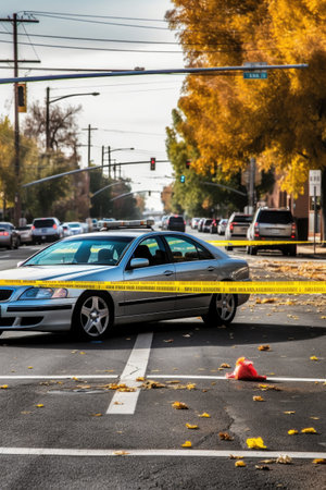 police car and caution tape at accident scene, created with generative aiの素材