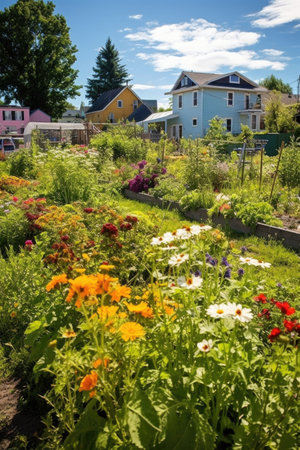 community garden filled with vibrant flowers and vegetables, created with generative aiの素材