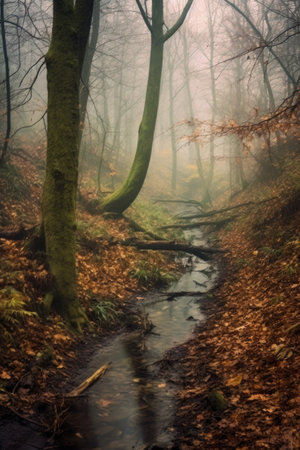 foggy morning in a peaceful woodland, created with generative aiの素材