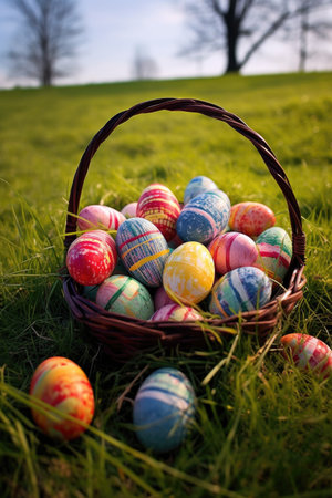 colorful painted easter eggs in a basket on a grassy field, created with generative aiの素材