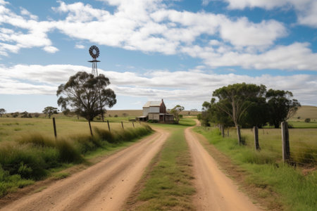 rural road, with windmill and greenery in the background, created with generative aiの素材