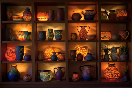 sunlight illuminating colorful pottery designs, created with generative aiの素材