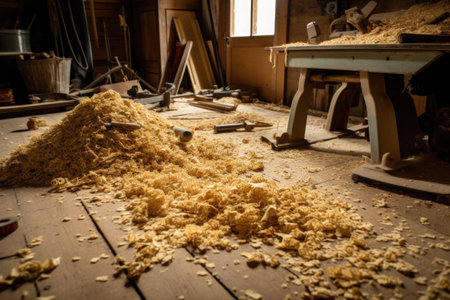 sawdust and wood shavings scattered on the floor of workshop, created with generative aiの素材