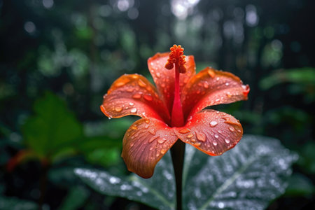 close-up of a blooming flower in a tropical forest, created with generative aiの素材