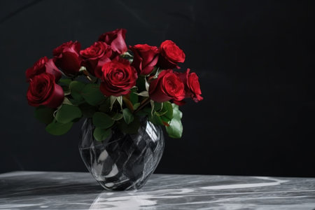 red roses in a crystal vase on a black marble table, created with generative aiの素材
