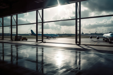 empty airport terminal, with view of planes landing and taking off outside the window, created with generative aiの素材