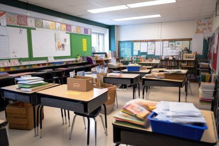 empty classroom with books, supplies, and writing tools ready for students, created with generative aiの素材