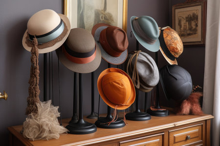 vintage hat stand filled with elegant and stylish hats in various shapes and sizes, created with generative aiの素材