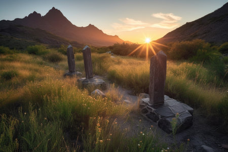peaceful sunrise over trail markers in the mountains, created with generative aiの素材