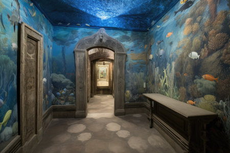 murals depicting underwater scenes with coral and fish, created with generative aiの素材