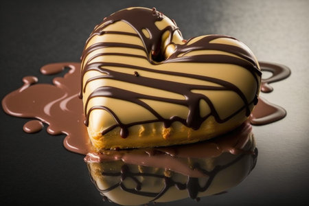 heart-shaped donut with drizzle of chocolate underneath the icing, created with generative aiの素材