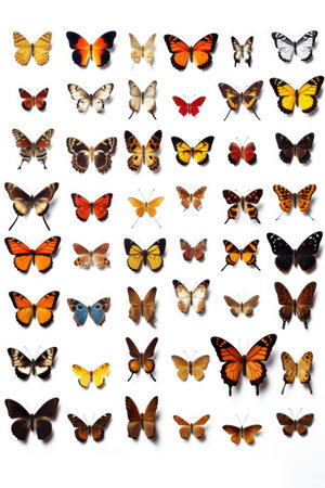 collection of various butterfly species on a white background, created with generative aiの素材