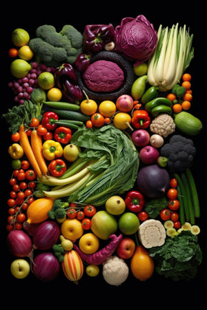diversity in fruits and vegetables arranged artistically, created with generative aiの素材