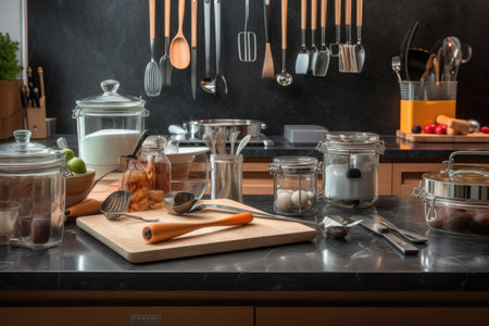 a collection of cooking tools and spices in a modern kitchen setting, created with generative aiの素材