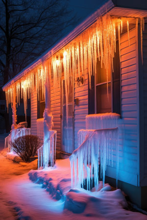 icicles illuminated by warm christmas lights, created with generative aiの素材